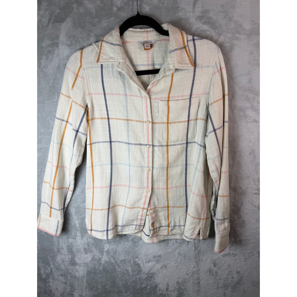 LL BEAN SIGNATURE Shirt Women S Ivory Pastel Plaid Long Sleeve Button Up Top